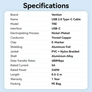 Vention 2M USB 2.0 Type-C to Type-C Cable – 240W Power Delivery- Aluminum Alloy Type Cable -Black
