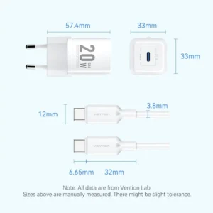 Vention 20W USB-C GaN Charger with 1M USB-C to USB-C Cable – EU Plug, Single Port Black