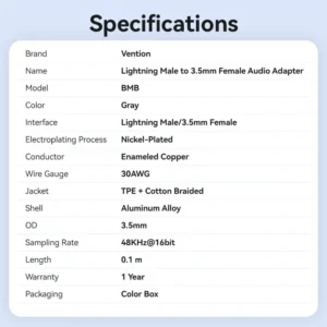 Vention Cotton-Braided Lightning to 3.5mm Audio Jack Adapter – Aluminum Alloy Connector-Gray
