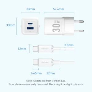 Vention 30W + 30W GaN Fast Charger EU Plug– USB-C and USB-A Ports with 1M USB-C Cable-White