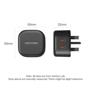 Vention (45W/45W) GaN Charger with Dual USB-C Ports – UK Plug, Black