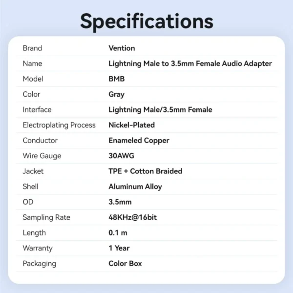 Vention Cotton-Braided Lightning to 3.5mm Audio Jack Adapter – Aluminum Alloy Connector-Gray - Image 14
