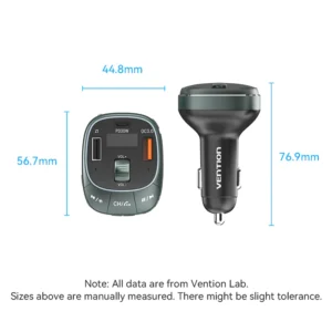 Vention 3-Port Car Charger with FM Transmitter – USB-C & Dual USB-A (30W/18W/5W), Black