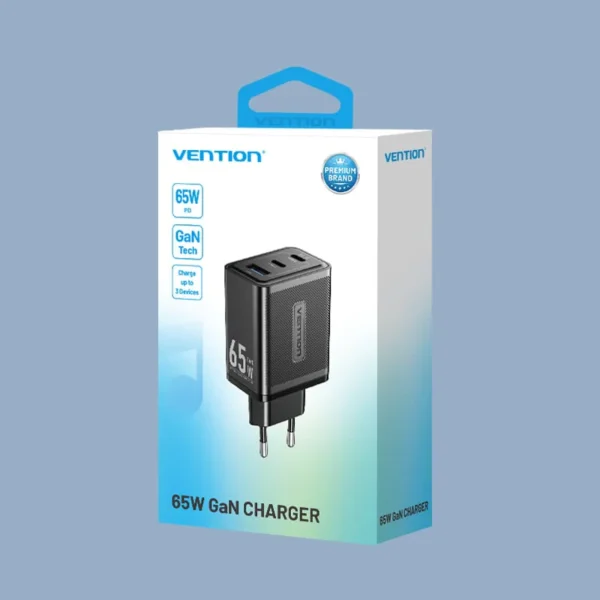 Vention 65W GaN Charger with 3 Ports (2x USB-C, 1x USB-A), EU Plug-Black - Image 12
