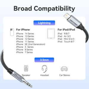 Vention 1.5M Lightning to 3.5mm Aux Cable – Cotton Braided with Aluminum Alloy Connectors-Gray