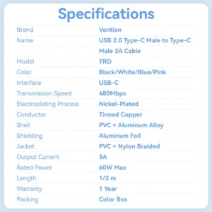 Vention 1M 3A USB 2.0 Type-C to Type-C Charging Cable with Durable Aluminum Alloy Housings-Black