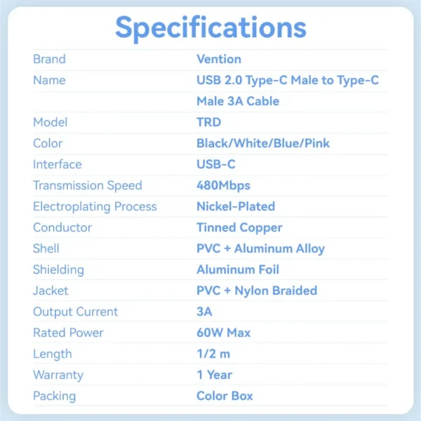 Vention 1M 3A USB 2.0 Type-C to Type-C Charging Cable with Durable Aluminum Alloy Housings-Black - Image 13