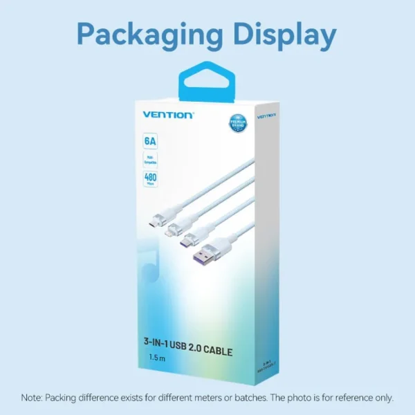Vention 1.5M USB-A to 3-in-1 Charging Cable (USB-C, Lightning, Micro USB) – 6A Fast Charge, White Alloy Build - Image 16