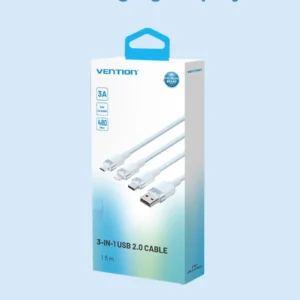 Vention 1.5M USB-A to 3-in-1 Charging Cable (USB-C, Lightning, Micro USB) – 3A Fast Charge, Black Alloy Build