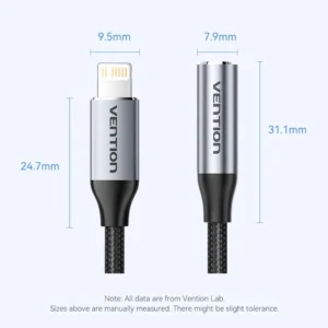 Vention Cotton-Braided Lightning to 3.5mm Audio Jack Adapter – Aluminum Alloy Connector-Gray