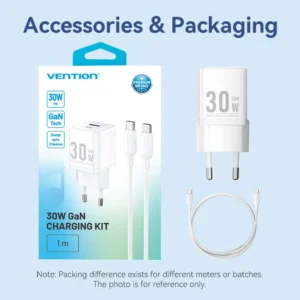 Vention 30W + 30W GaN Fast Charger EU Plug– USB-C and USB-A Ports with 1M USB-C Cable-White