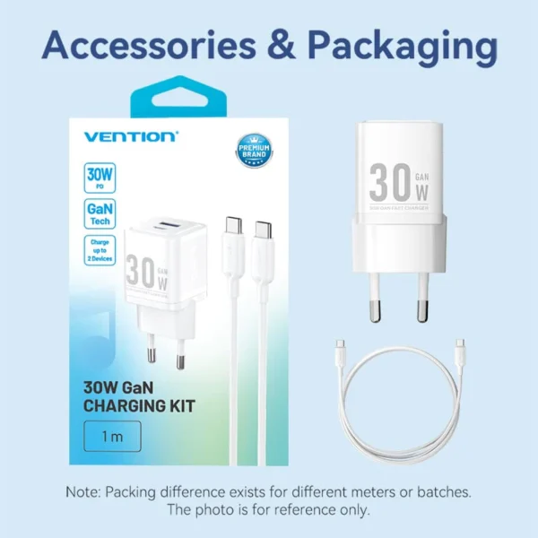 Vention 30W + 30W GaN Fast Charger EU Plug– USB-C and USB-A Ports with 1M USB-C Cable-White - Image 13