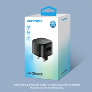 Vention (45W/45W) GaN Charger with Dual USB-C Ports – UK Plug, Black