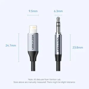 Vention 1.5M Lightning to 3.5mm Aux Cable – Cotton Braided with Aluminum Alloy Connectors-Gray
