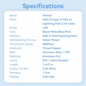 Vention 2M USB 2.0 Type-A to Lightning Male Cable with Aluminum Alloy Housing, 2.4A Fast Charge-White