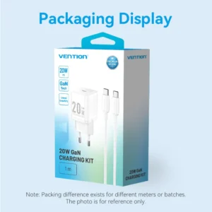 Vention 20W USB-C GaN Charger with 1M USB-C to USB-C Cable – EU Plug, Single Port Black
