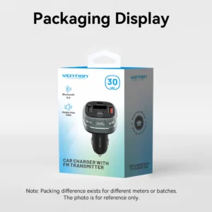 Vention 3-Port Car Charger with FM Transmitter – USB-C & Dual USB-A (30W/18W/5W), Black