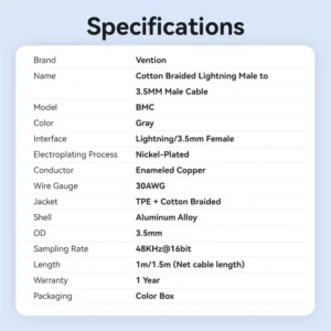 Vention 1.5M Lightning to 3.5mm Aux Cable – Cotton Braided with Aluminum Alloy Connectors-Gray