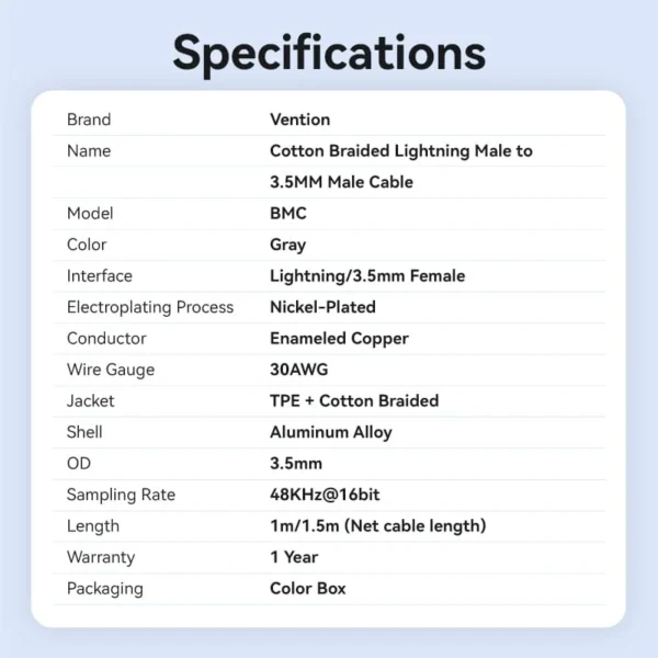 Vention 1.5M Lightning to 3.5mm Aux Cable – Cotton Braided with Aluminum Alloy Connectors-Gray - Image 15