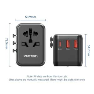 Vention Universal Travel Adapter – 3-Port USB (1x USB-C + 2x USB-A) with 20W/18W/18W Output, Black