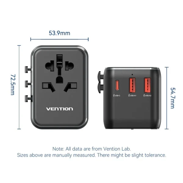 Vention Universal Travel Adapter – 3-Port USB (1x USB-C + 2x USB-A) with 20W/18W/18W Output, Black - Image 15