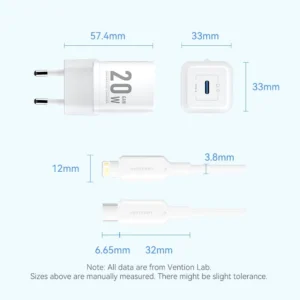Vention 20W USB-C GaN Wall Charger EU-Plug with 1M USB-C to Lightning Cable – White, Single Port