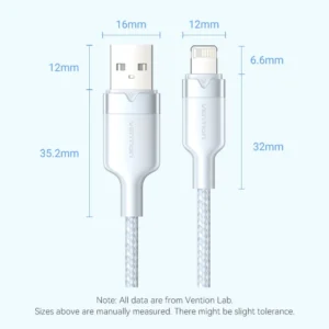 Vention 2M USB 2.0 Type-A to Lightning Male Cable with Aluminum Alloy Housing, 2.4A Fast Charge-White