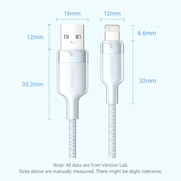 Vention 2M USB 2.0 Type-A to Lightning Male Cable with Aluminum Alloy Housing, 2.4A Fast Charge-White - Image 15