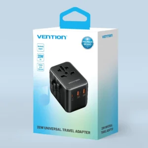 Vention Universal Travel Adapter – 3-Port USB (1x USB-C + 2x USB-A) with 20W/18W/18W Output, Black