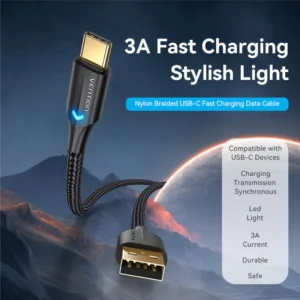 Vention 1M USB 2.0 A to Type-C Cable, Nylon Braided, 3A Fast Charging with LED Indicator-Black