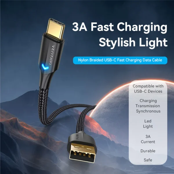 Vention 3M USB 2.0 A to Type-C Cable, Nylon Braided, 3A Fast Charging with LED Indicator-Black - Image 2