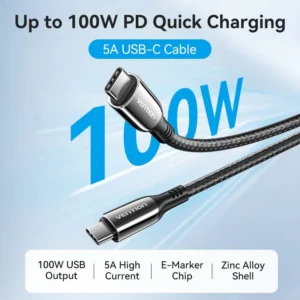 Vention 2M USB-C to USB-C Cable, 5A Fast Charging, Cotton-Braided with Zinc Alloy Connectors – USB 2.0 Black