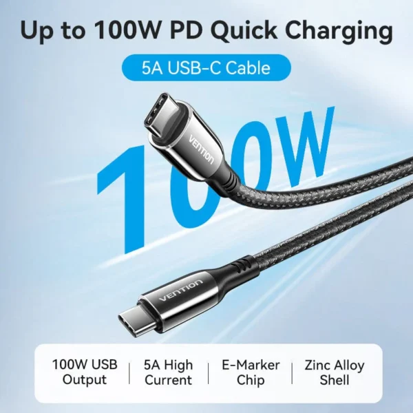Vention 2M USB-C to USB-C Cable, 5A Fast Charging, Cotton-Braided with Zinc Alloy Connectors – USB 2.0 Black - Image 2