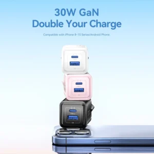 Vention 30W GaN Fast Charger–2-Port USB-C + USB-A, EU Plug, White