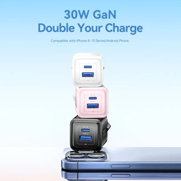 Vention 30W GaN Fast Charger–2-Port USB-C + USB-A, EU Plug, White - Image 2