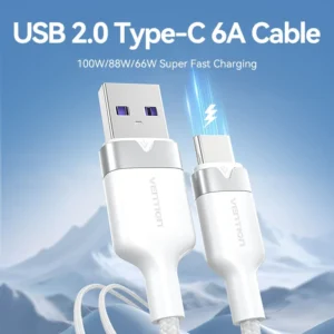 Vention 2M 6A USB 2.0 A Male to USB-C Male Cable – Aluminum Alloy Casing-White