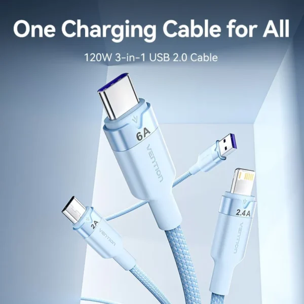 Vention 1.5M USB-A to 3-in-1 Charging Cable (USB-C, Lightning, Micro USB) – 6A Fast Charge, White Alloy Build - Image 4