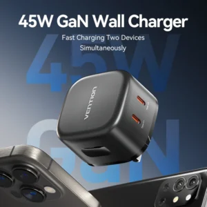 Vention (45W/45W) GaN Charger with Dual USB-C Ports – UK Plug, Black
