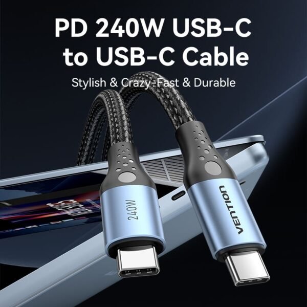 Vention 2M USB 2.0 Type-C to Type-C Cable – 240W Power Delivery- Aluminum Alloy Type Cable -Black - Image 2