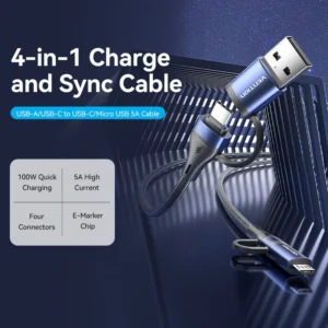 Vention 1.5M 4-in-1 Cotton Braided USB 2.0 Cable – Type-A & USB-C to USB-C + Micro-B, 5A Fast Charging, Blue Aluminum Alloy
