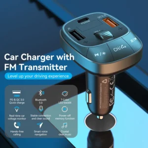 Vention 3-Port Car Charger with FM Transmitter – USB-C & Dual USB-A (30W/18W/5W), Black