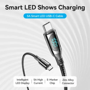 Vention 1.2M USB-C to USB-C 5A Charging Cable – Braided with LED Display & Zinc Alloy Housing-Black