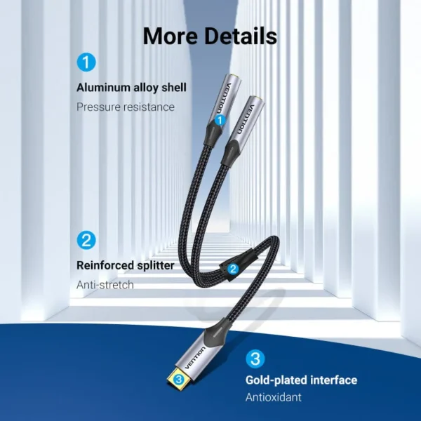 Vention 0.3M USB-C to Dual 3.5mmc – Male to Two Female Jacks-Gray - Image 2