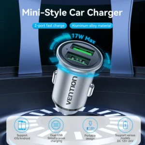 Vention Compact Dual USB-A Car Charger – Fast 18W Dual Charging in a Sleek Gray Aluminum Body