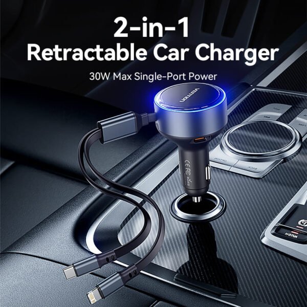 Vention Car Power Adapter with Integrated Charging Cable-Black - Image 2