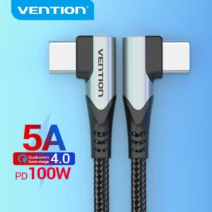 Vention 1.5M USB 2.0 Type-C to Type-C Cable with Dual 90° Connectors – 5A Fast Charging, Aluminum Alloy Design -Gray