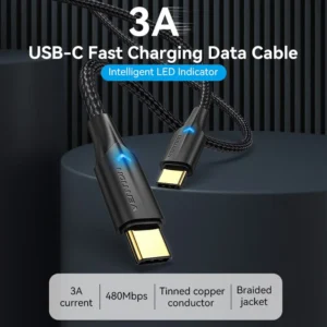 Vention 1M USB 2.0 Type-C to Type-C Cable with LED Indicator – 3A Fast Charging, Nylon Braided Design-Black