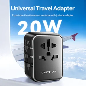 Vention Universal Travel Adapter – 3-Port USB (1x USB-C + 2x USB-A) with 20W/18W/18W Output, Black