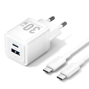Vention 30W + 30W GaN Fast Charger EU Plug– USB-C and USB-A Ports with 1M USB-C Cable-White