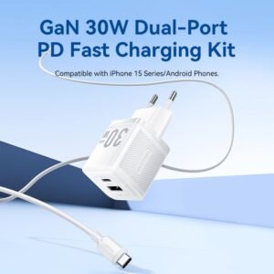 Vention 30W + 30W GaN Fast Charger EU Plug– USB-C and USB-A Ports with 1M USB-C Cable-White